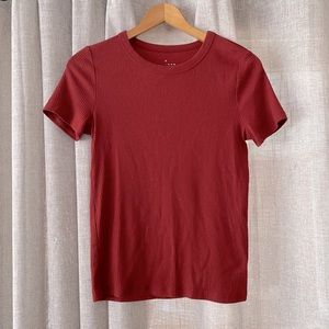 a new day red ribbed t-shirt